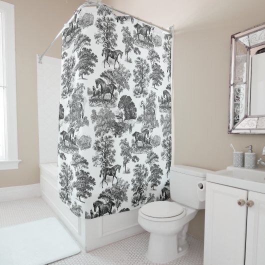 Rideaux De Douche Elégant Black White Rustic Horses Toile (En situation)