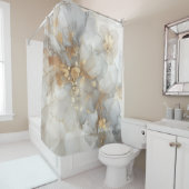 Rideaux De Douche Elégant blanc et encre d'or Art Abstrait (En situation)