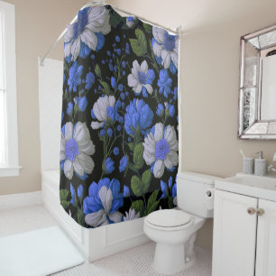Rideaux De Douche Elégant bleu argenté blanc élégant floral rétro