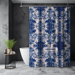 Rideaux De Douche Élégant Bleu Damassé Toile de Jouy Monogramme