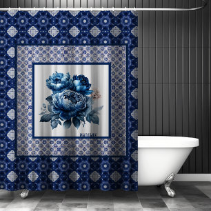 Rideaux De Douche Élégant bleu floral chinoiserie toile monogramme