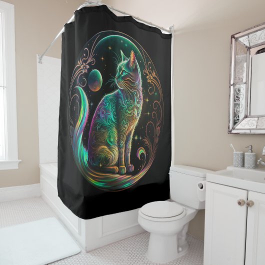 Rideaux De Douche Élégant Chat Psychédélique Art Moderne | (En situation)
