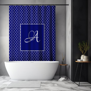 Rideaux De Douche Élégant damas marocain bleu marine monogramme