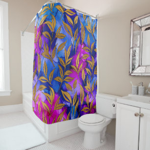 Rideaux De Douche Élégant Feuille Or Foliage Bleu pourpre Chic