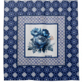 Rideaux De Douche Élégant fleurs bleues chinoiserie toile monogramme (Devant)