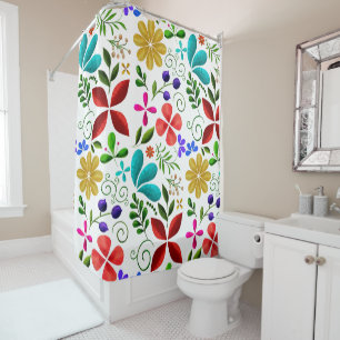 Rideaux De Douche Élégant Floral Blanc Folklorique Latino-Américain