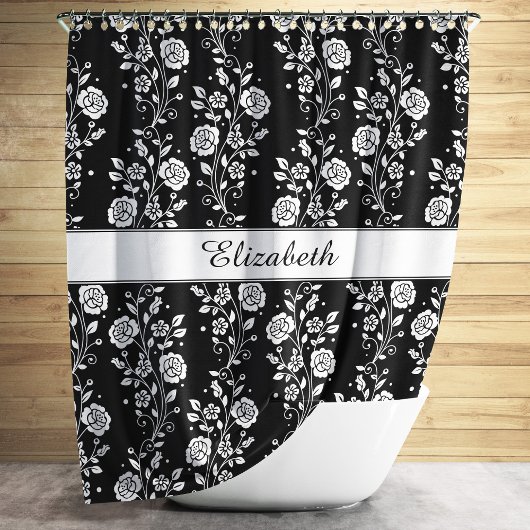 Rideaux De Douche Élégant Floral Noir Et Blanc
