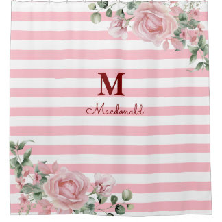 Rideaux De Douche Elegant Floral Rose Striped Monogram