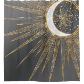 Rideaux De Douche Elegant Gold Doodles Sun Moon Mandala Design