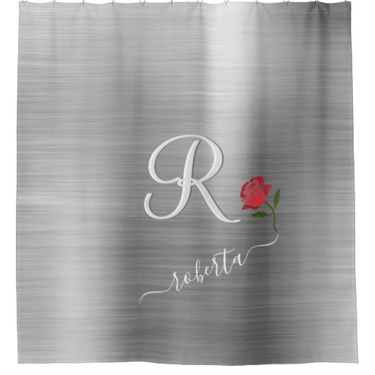 Rideaux De Douche Élégant Gris Rouge Rose Personnalisé Nom Monogramm (Devant)