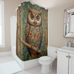 Rideaux De Douche Élégant hibou rétro boho bohème bohème forêt verte