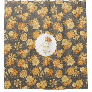 Rideaux De Douche Elégant Jaune Orange Fleurs Sur Brown