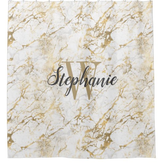 Rideaux De Douche Élégant Marbre blanc Or Monogramme Script (Devant)