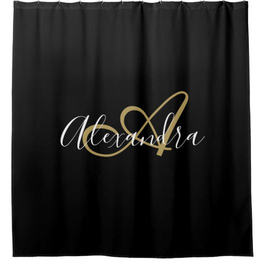 Rideaux De Douche Élégant Monogram Black Gold Nom de script (Devant)