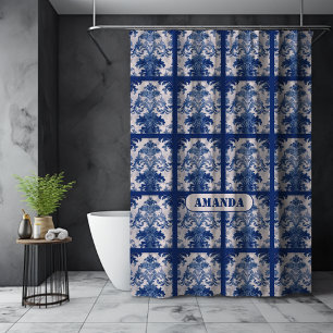 Rideaux De Douche Élégant monogramme floral en damas bleu vintage