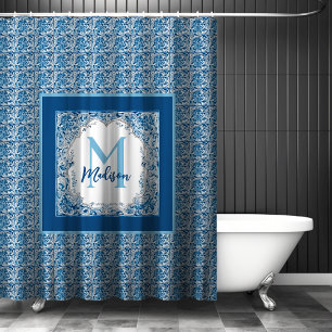 Rideaux De Douche Elégant Monogramme Floral Vintage Bleu Aqua Jaune