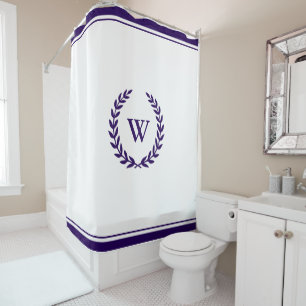 Rideaux De Douche Elégant Monogramme Marine Bleu Douche Blanche Ride