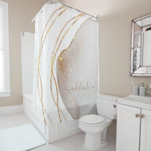 Rideaux De Douche Élégant Monogramme Or Blanc Nom du script de signa (En situation)