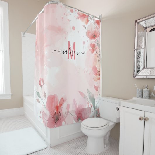 Rideaux De Douche Élégant Monogramme Rose Écriture Moderne Mariage d (En situation)