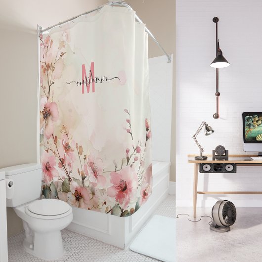 Rideaux De Douche Élégant Monogramme rose moderne Mariage de script 