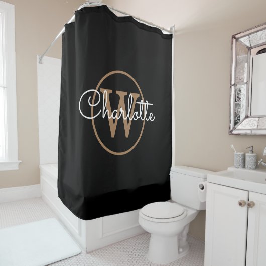 Rideaux De Douche Élégant Noir Monogramme Girly Script (En situation)