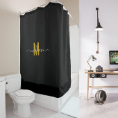 Rideaux De Douche Élégant Noir Monogramme Or Moderne Script Personna
