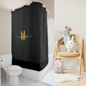 Rideaux De Douche Élégant Noir Monogramme Or Moderne Script Personna