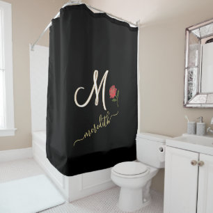 Rideaux De Douche Élégant Noir Personnalisé Monogramme Nom Rose R
