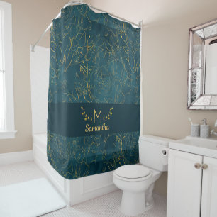 Rideaux De Douche Élégant noir Turquoise bleu & or huile florale Mon