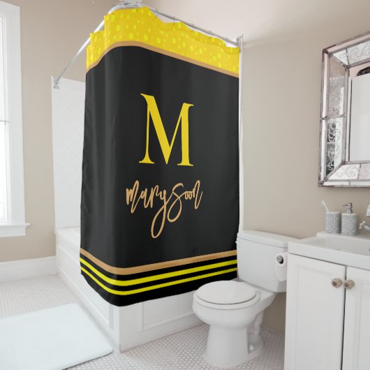 Rideaux De Douche Élégant Nom Monogramme Script, Féminin Noir Or (En situation)