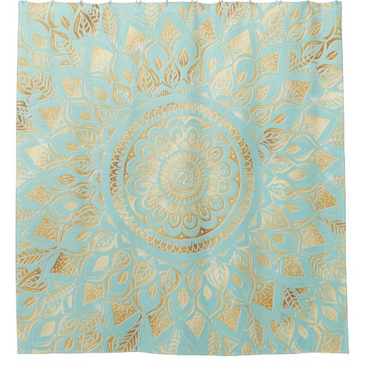 Rideaux De Douche Elégant or Lumière Turquoise Mandala Floral (Devant)