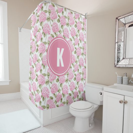 Rideaux De Douche Elegant Pink Hydragea Flowers Pattern Monogram (En situation)