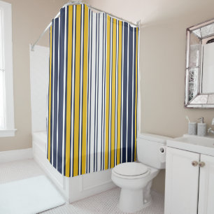 Rideaux De Douche Elégant, rayures, bleu marine, jaune moutarde, bl