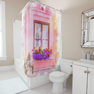 Rideaux De Douche Elégant rose Floral Art Aquarelle Boîte de fenêtre