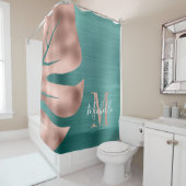 Rideaux De Douche Élégant Rose Gold Green Palm Leaf Monogramme (En situation)