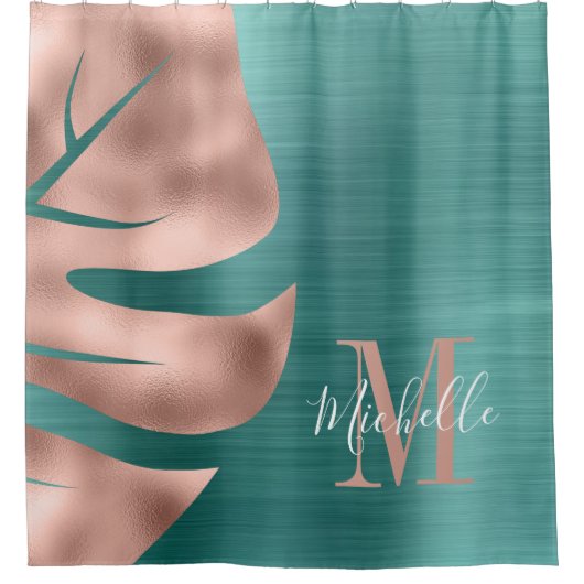 Rideaux De Douche Élégant Rose Gold Green Palm Leaf Monogramme (Devant)