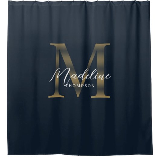 Rideaux De Douche Elegant Script Metallic Navy Blue Gold Monogram (Devant)