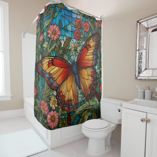 Rideaux De Douche Elegant stain glass butterfly garden (En situation)