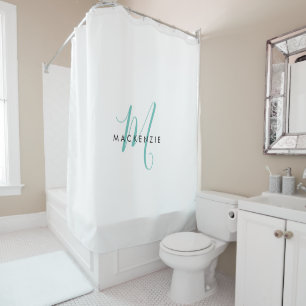 Rideaux De Douche Élégant Turquoise de script blanc moderne Monogram