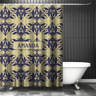 Rideaux De Douche Élégant Vintage Bleu Nuit Jaune Damassé Monogramme