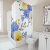 Rideaux De Douche Elégante aquarelle bleu jaune et blanc (En situation)