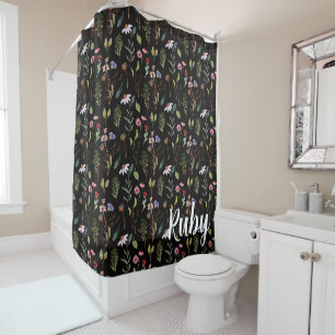 Rideaux De Douche Élégante aquarelle de fleurs sauvages noires blanc
