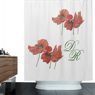 RIDEAUX DE DOUCHE ELÉGANTE COULEUR D'EAU POPIES ROUGES