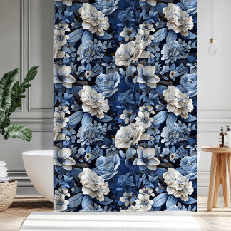 Rideaux De Douche Élégante Douche de Salle de Bain Florale Bleue et