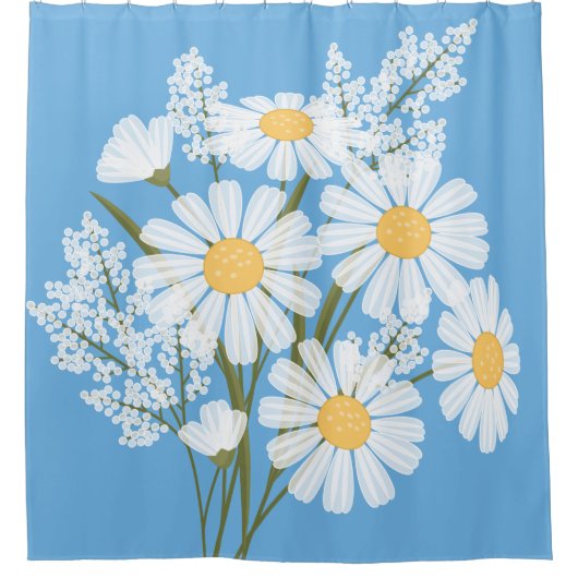 Rideaux De Douche Elégante marguerite florale blanche sur bleu (Devant)