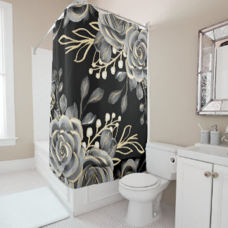 Rideaux De Douche Elégante Moody Grey Floral Gold Black Aquarelle
