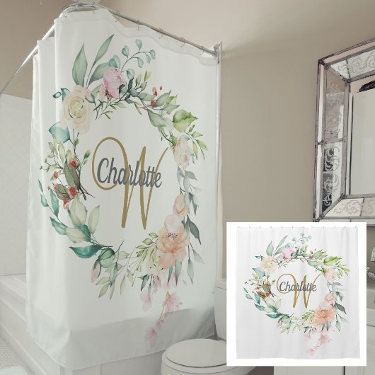 Rideaux De Douche Élégantes Roses Florales Monogramme Script Or