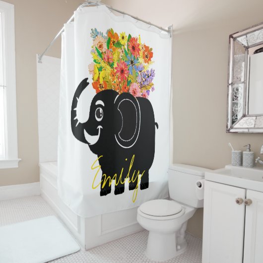 Rideaux De Douche Éléphant et fleurs (En situation)