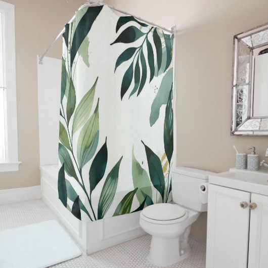 Rideaux De Douche Emerald Green & Gold Botanical Shower Curtain (En situation)