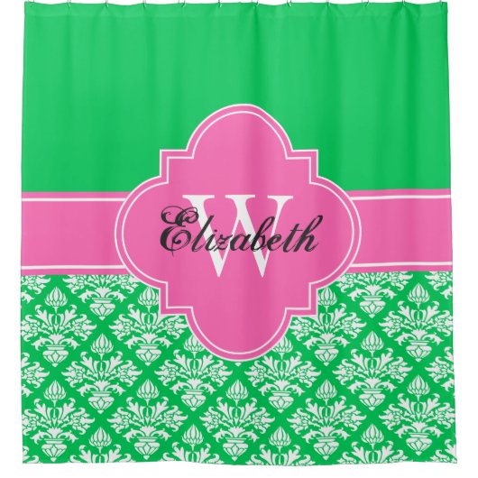 Rideaux De Douche Emerald Green LG Damask #3 CB1IR Hot Pink Monogram (Devant)